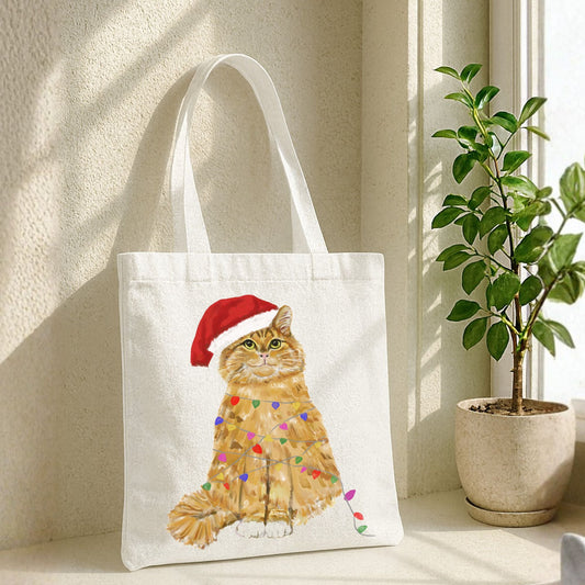 Santa Orange Cat with Christmas Lights Canvas Tote Bag - MerikaArt