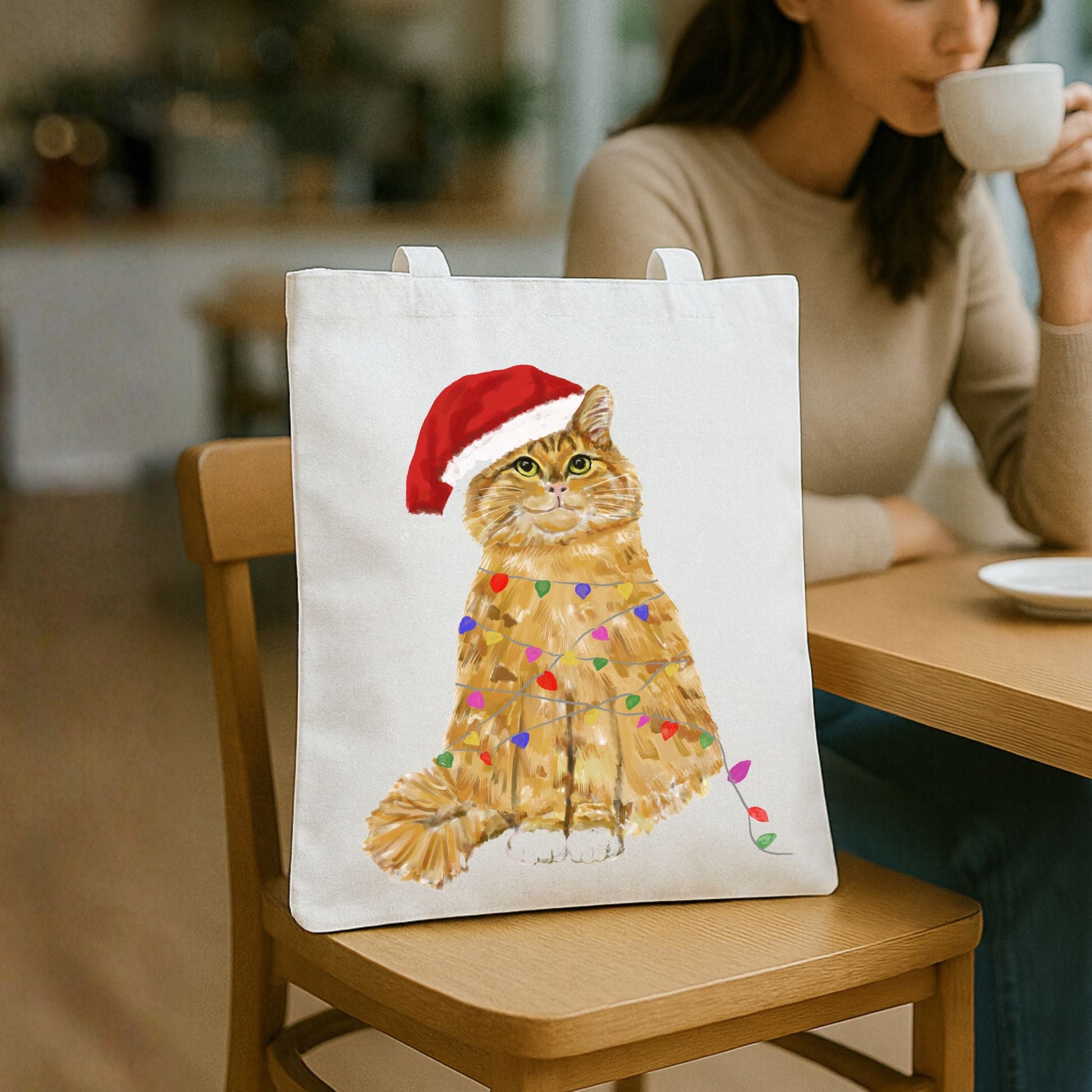 Santa Orange Cat with Christmas Lights Canvas Tote Bag - MerikaArt