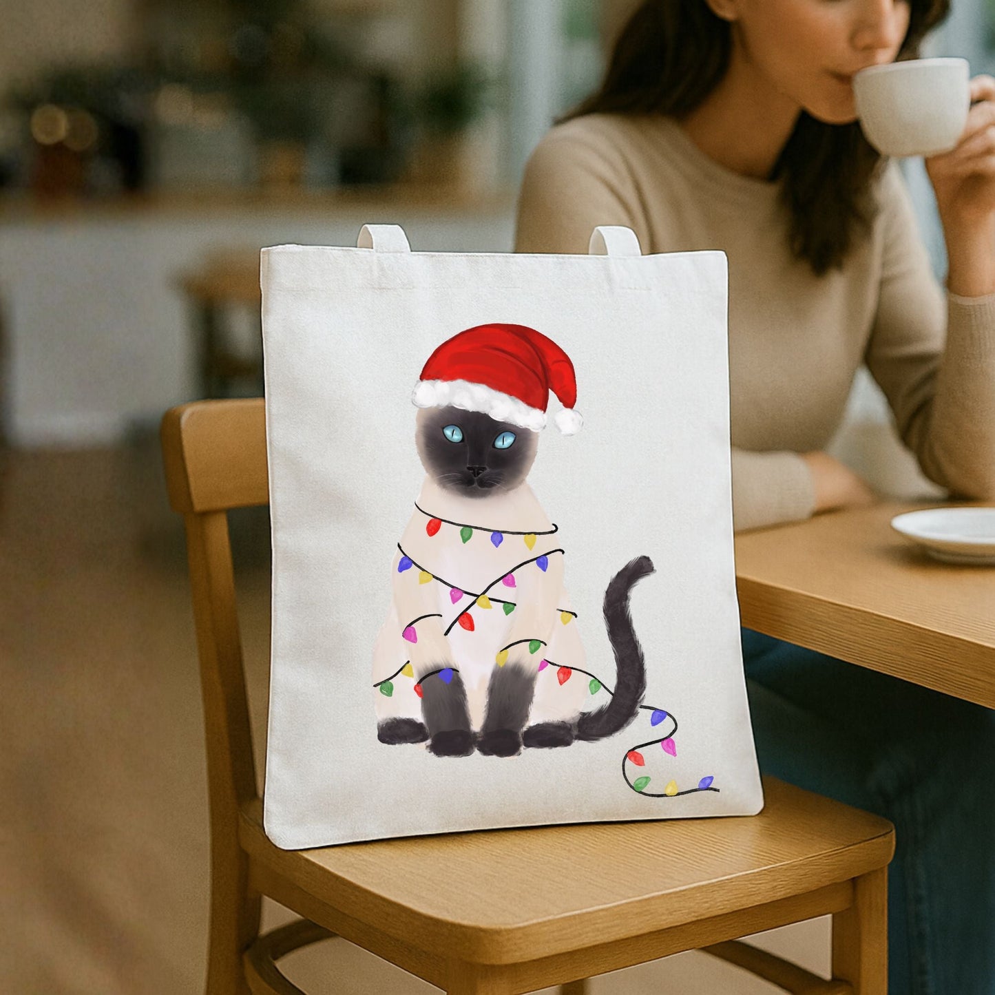 Santa Siamese Cat with Christmas Lights Canvas Tote Bag - MerikaArt