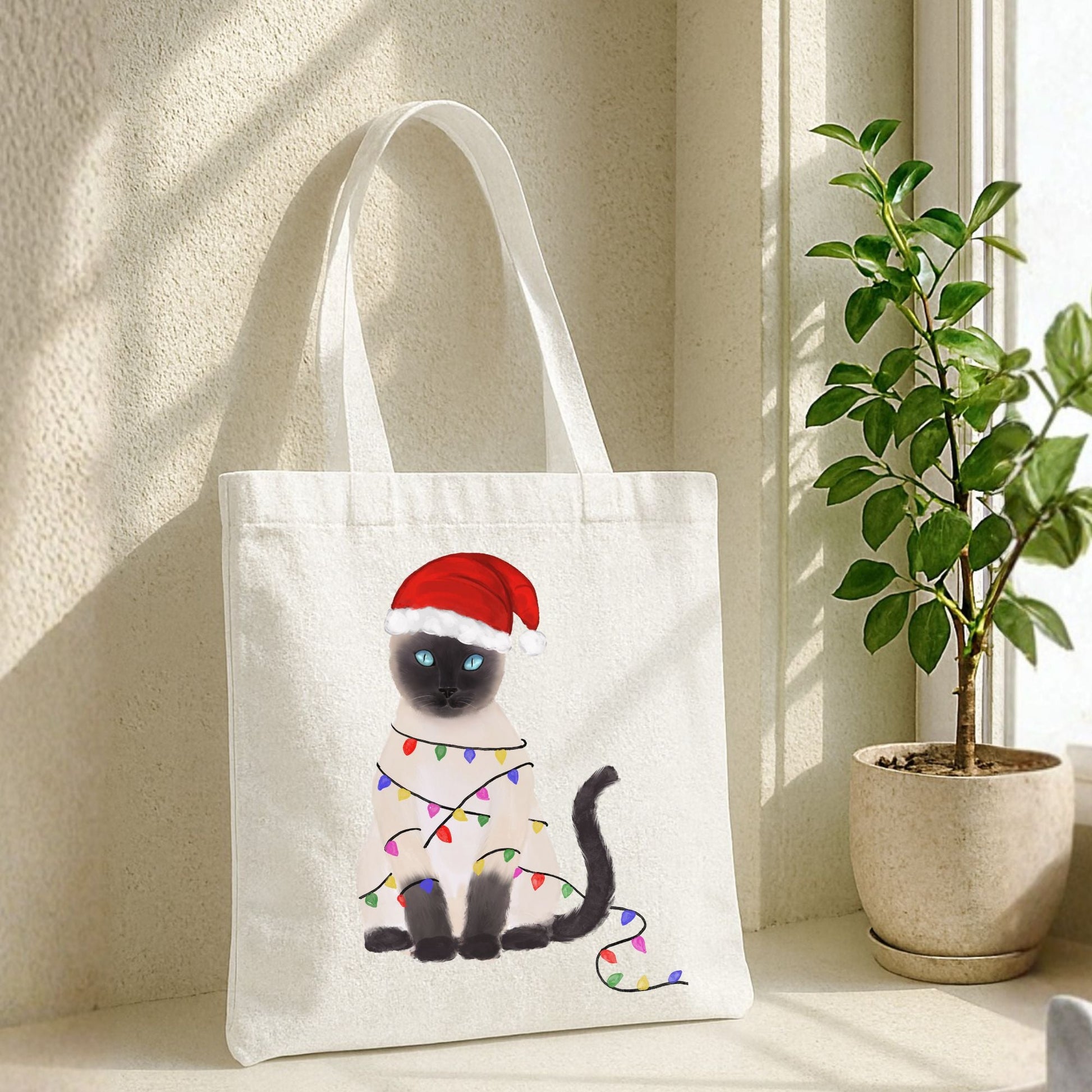 Santa Siamese Cat with Christmas Lights Canvas Tote Bag - MerikaArt