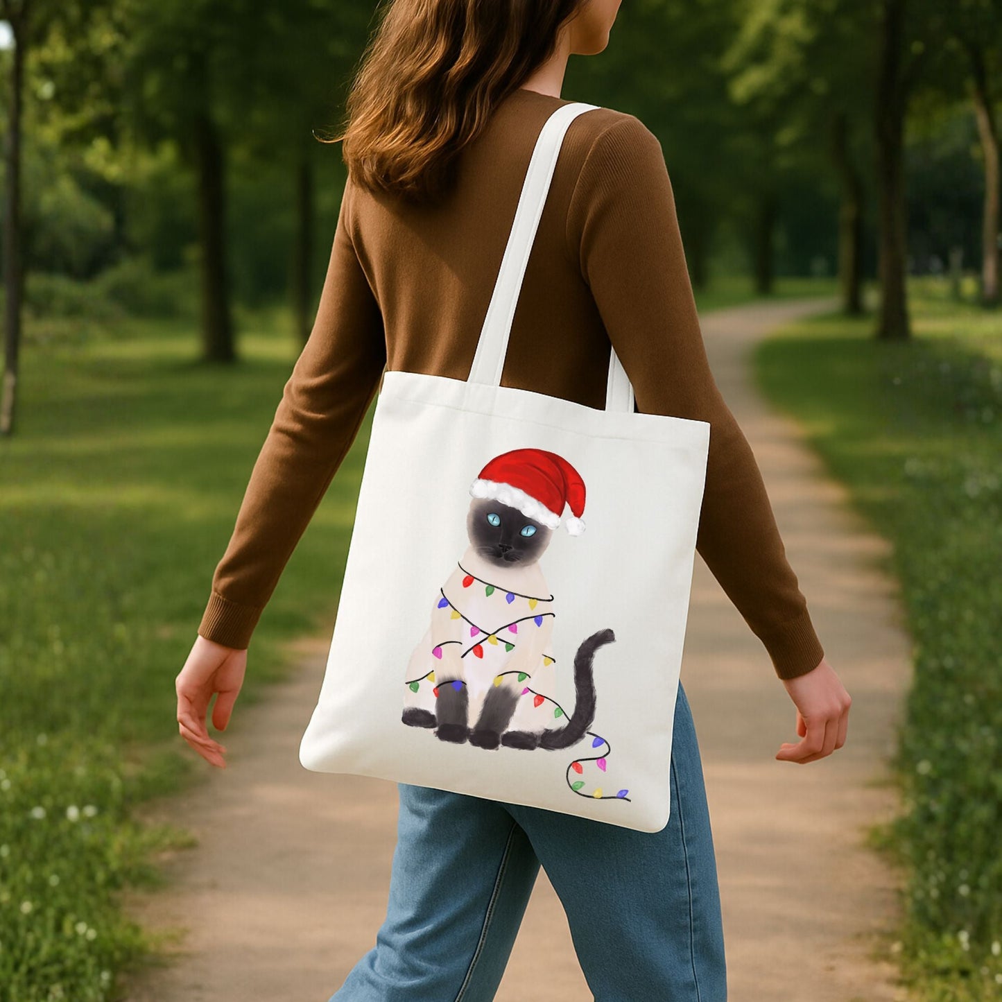 Santa Siamese Cat with Christmas Lights Canvas Tote Bag - MerikaArt