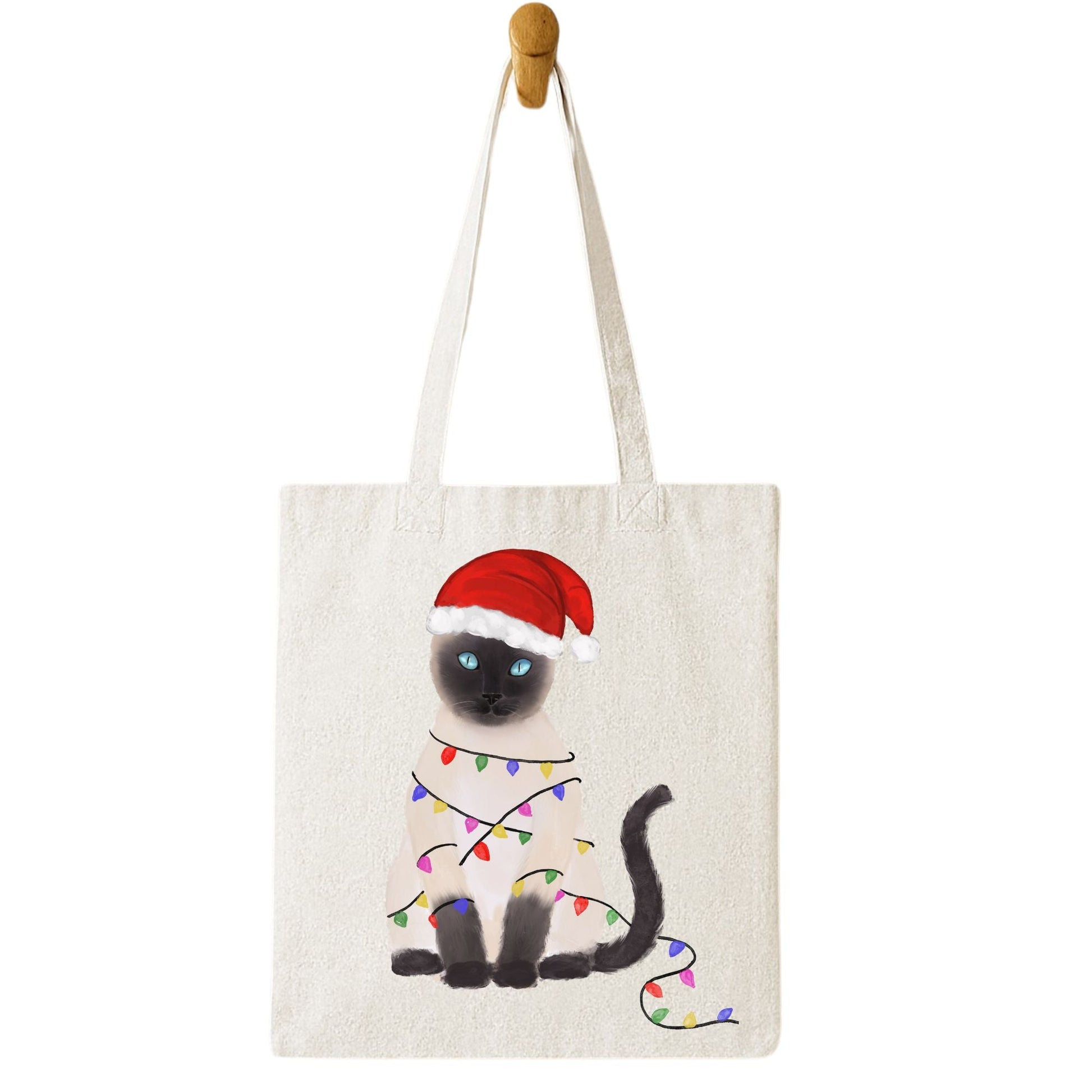 Santa Siamese Cat with Christmas Lights Canvas Tote Bag - MerikaArt
