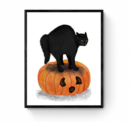 Scared Black Cat on Pumpkin Print, Halloween Cat Painting, Black Cat Portrait, Holiday Wall Art, Defensive Black Cat - MerikaArt