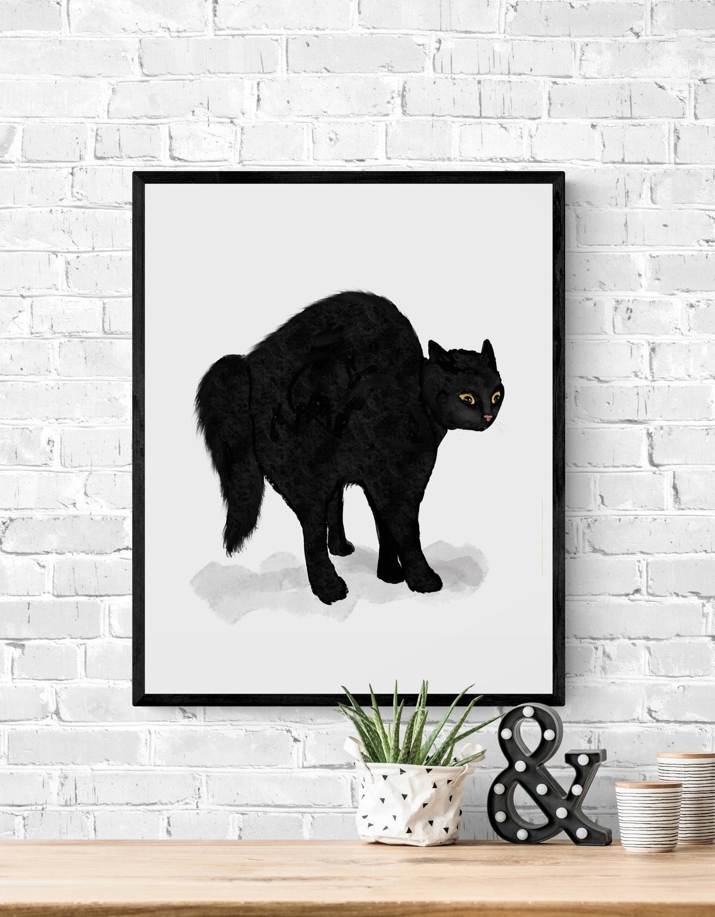 Scared Black Cat Print, Halloween Black Cat Artwork, Feral Cat Drawing, Cat Illustration, Defensive Black Cat Painting, Holiday Wall Art - MerikaArt