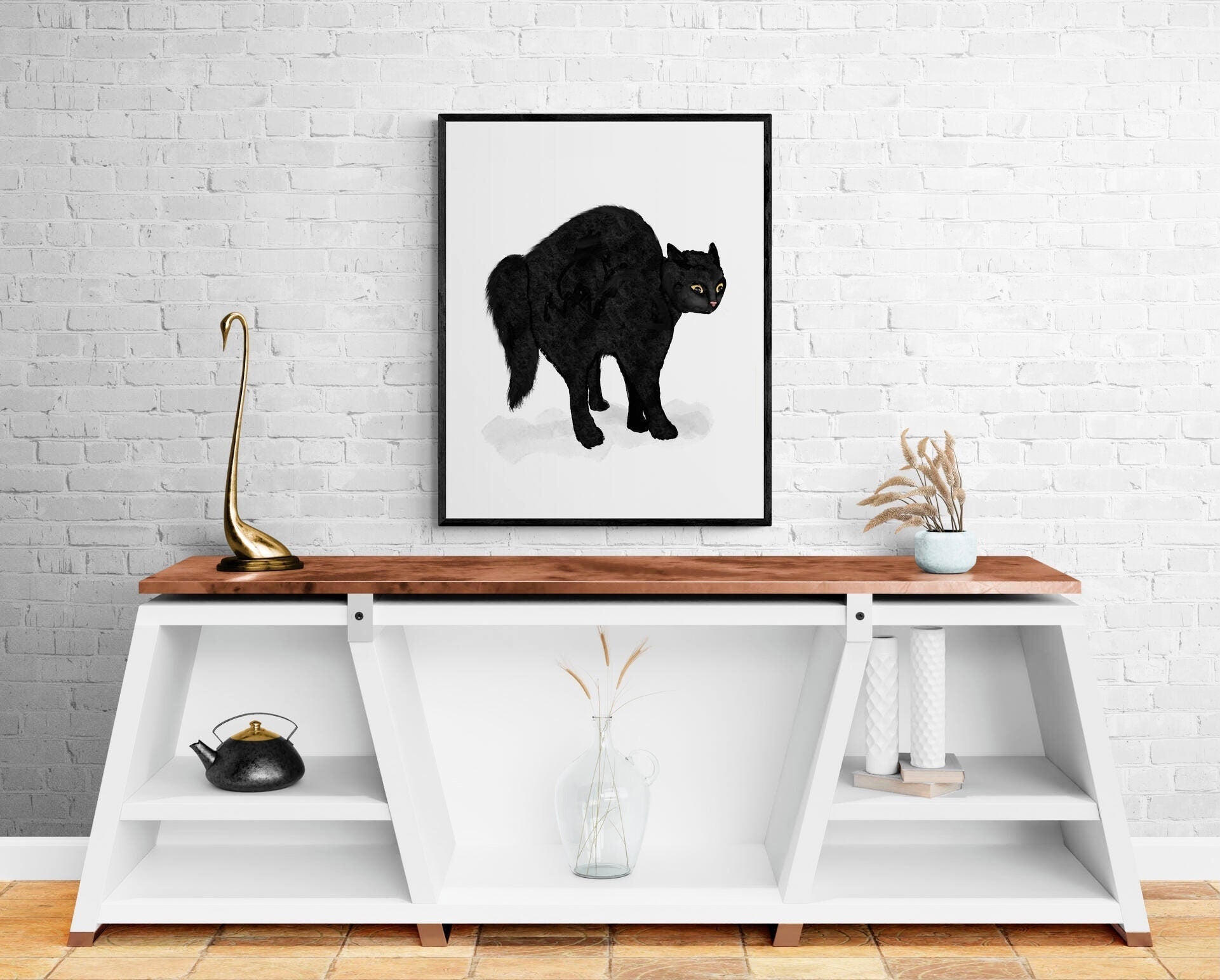 Scared Black Cat Print, Halloween Black Cat Artwork, Feral Cat Drawing, Cat Illustration, Defensive Black Cat Painting, Holiday Wall Art - MerikaArt