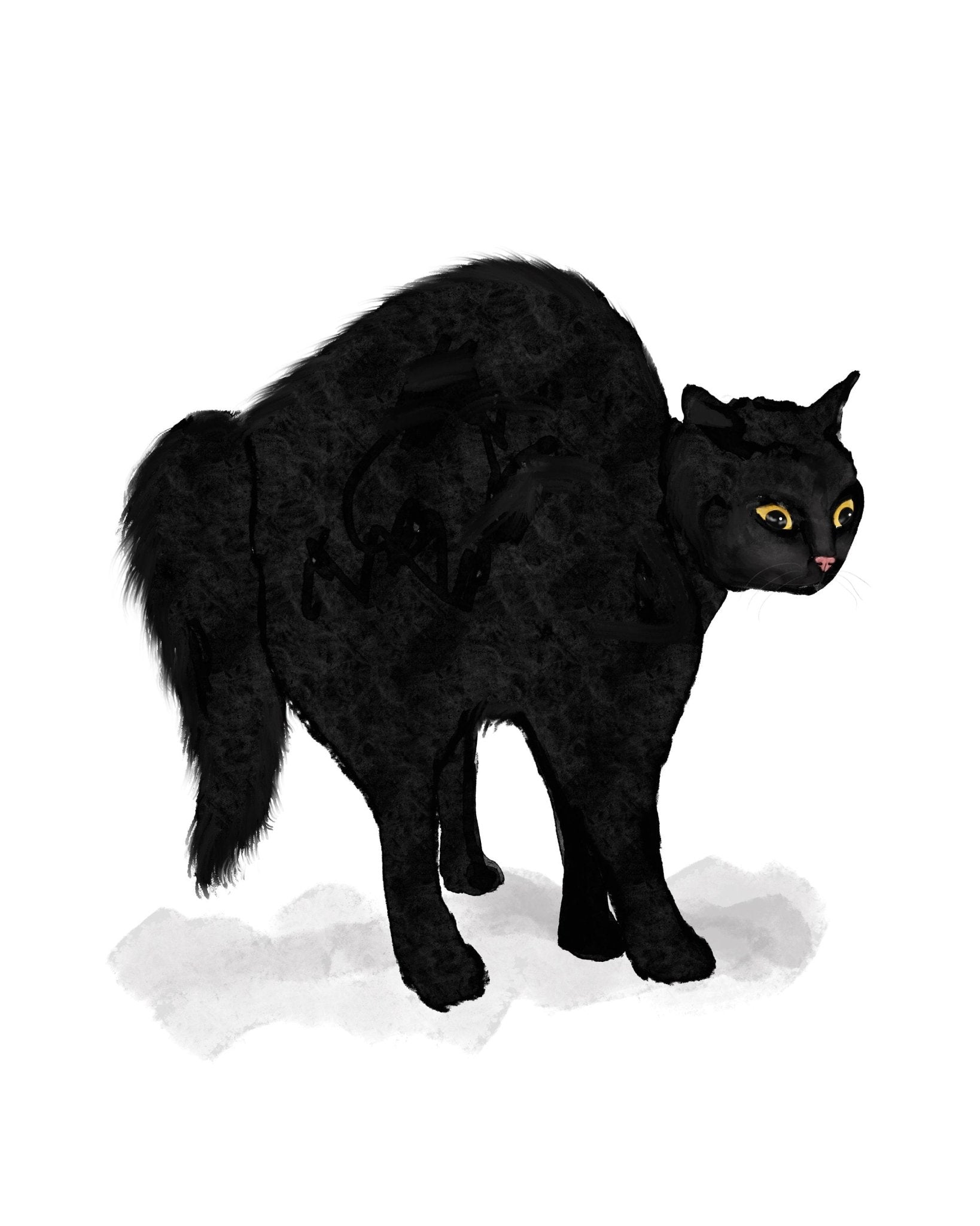 Scared Black Cat Print, Halloween Black Cat Artwork, Feral Cat Drawing, Cat Illustration, Defensive Black Cat Painting, Holiday Wall Art - MerikaArt