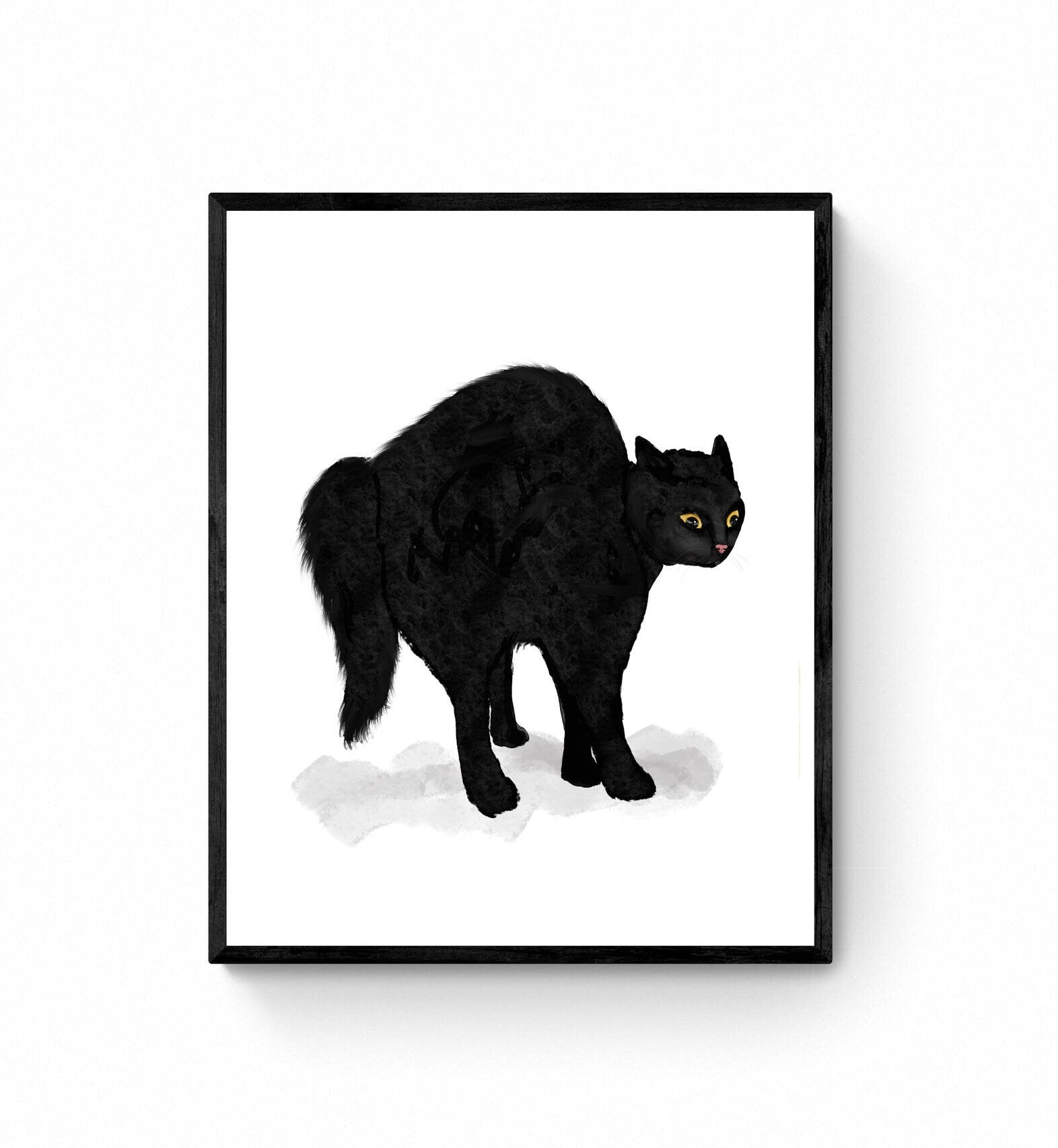 Scared Black Cat Print, Halloween Black Cat Artwork, Feral Cat Drawing, Cat Illustration, Defensive Black Cat Painting, Holiday Wall Art - MerikaArt