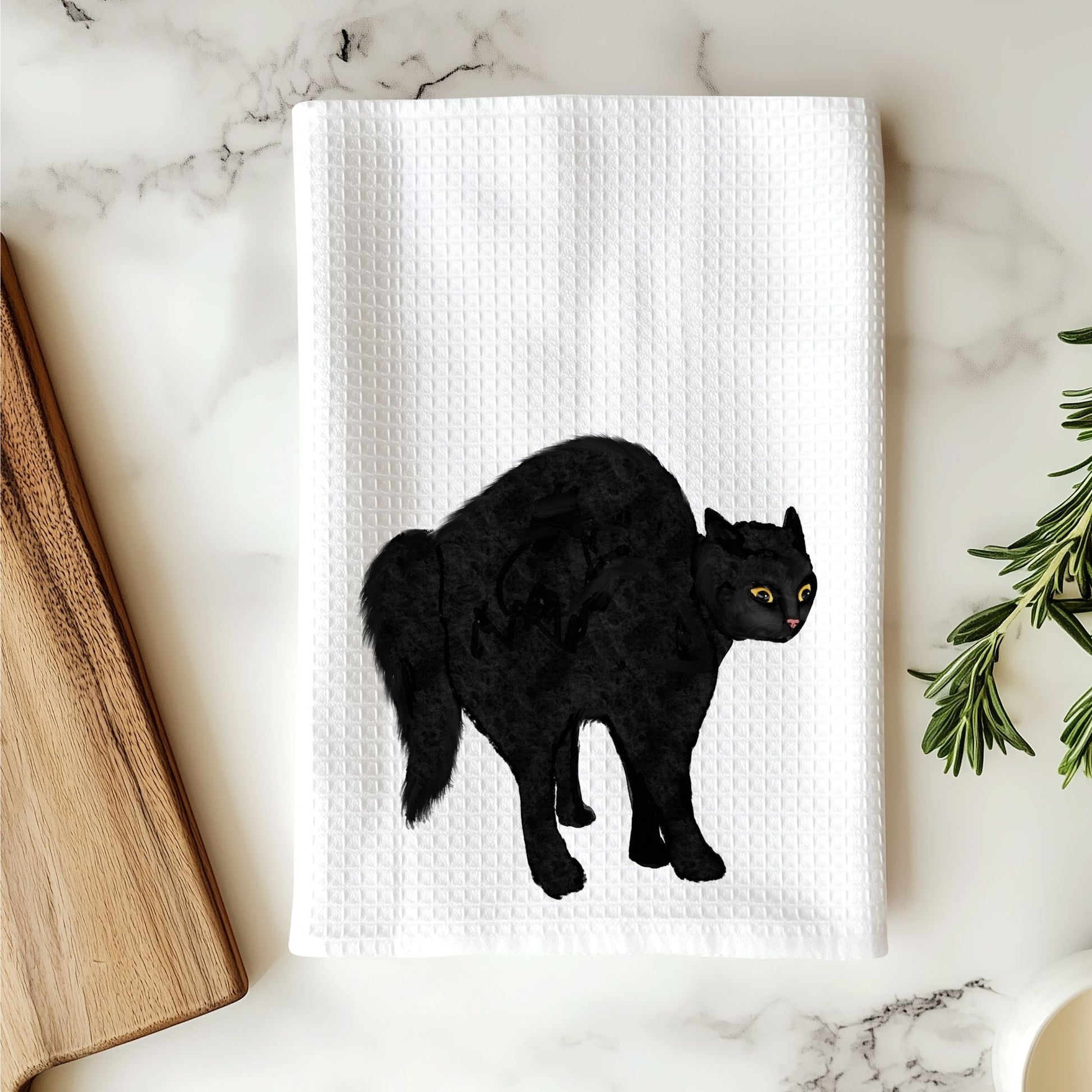 Scared Black Cat Waffle Weave Kitchen Towel - MerikaArt