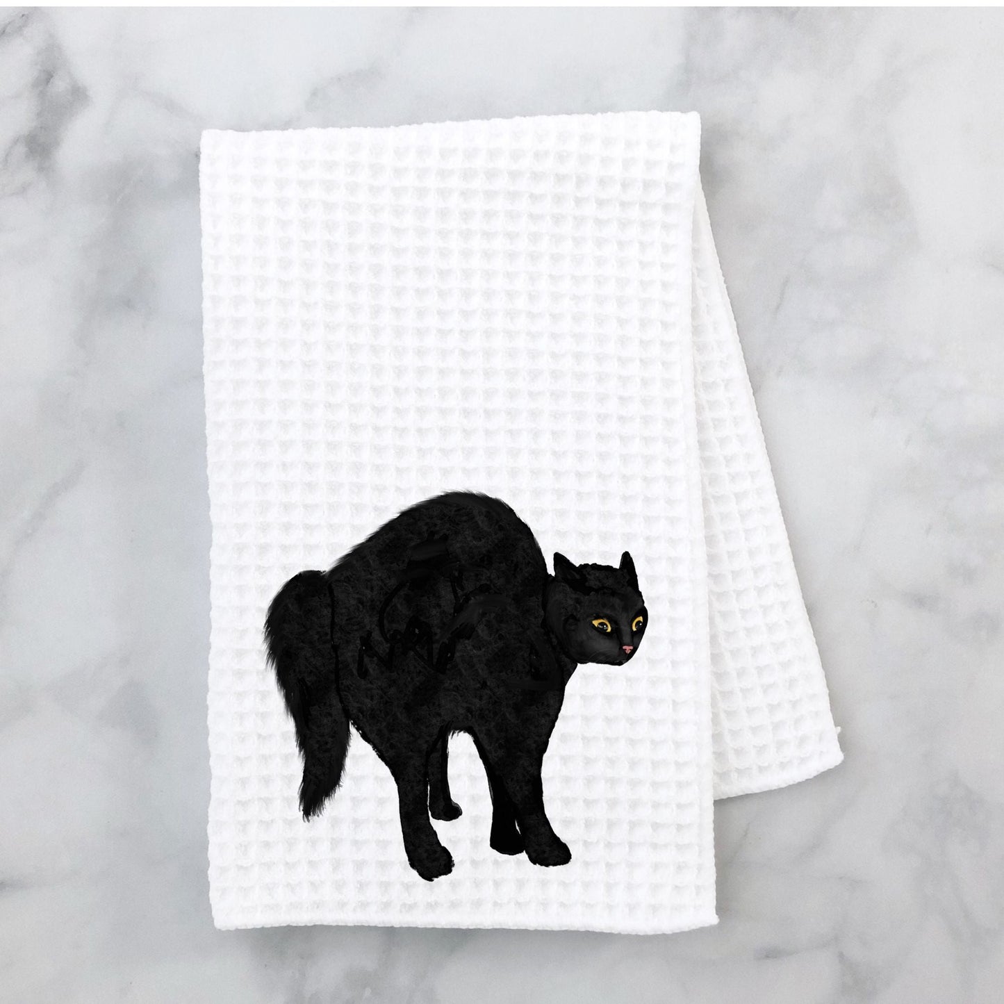 Scared Black Cat Waffle Weave Kitchen Towel - MerikaArt