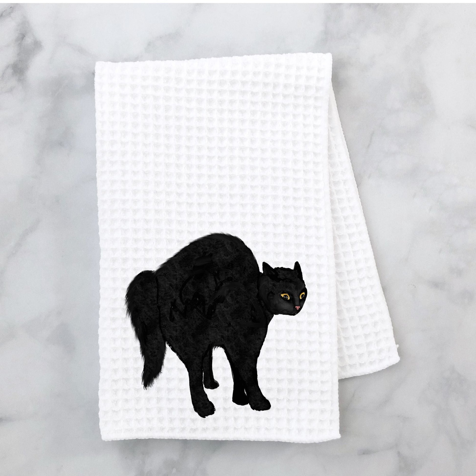 Scared Black Cat Waffle Weave Kitchen Towel - MerikaArt
