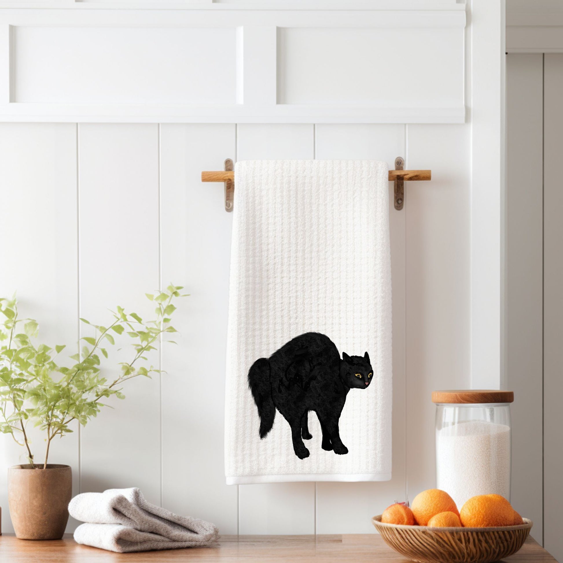 Scared Black Cat Waffle Weave Kitchen Towel - MerikaArt
