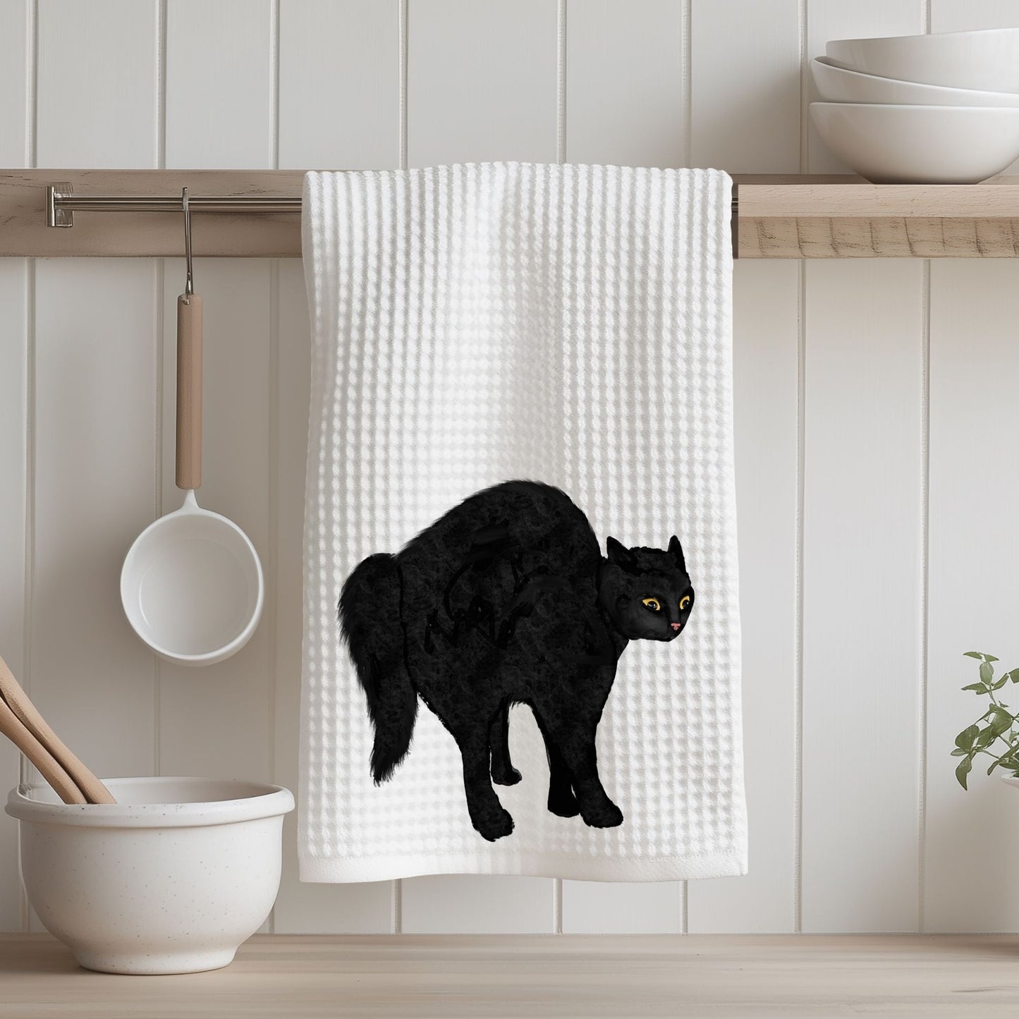 Scared Black Cat Waffle Weave Kitchen Towel - MerikaArt