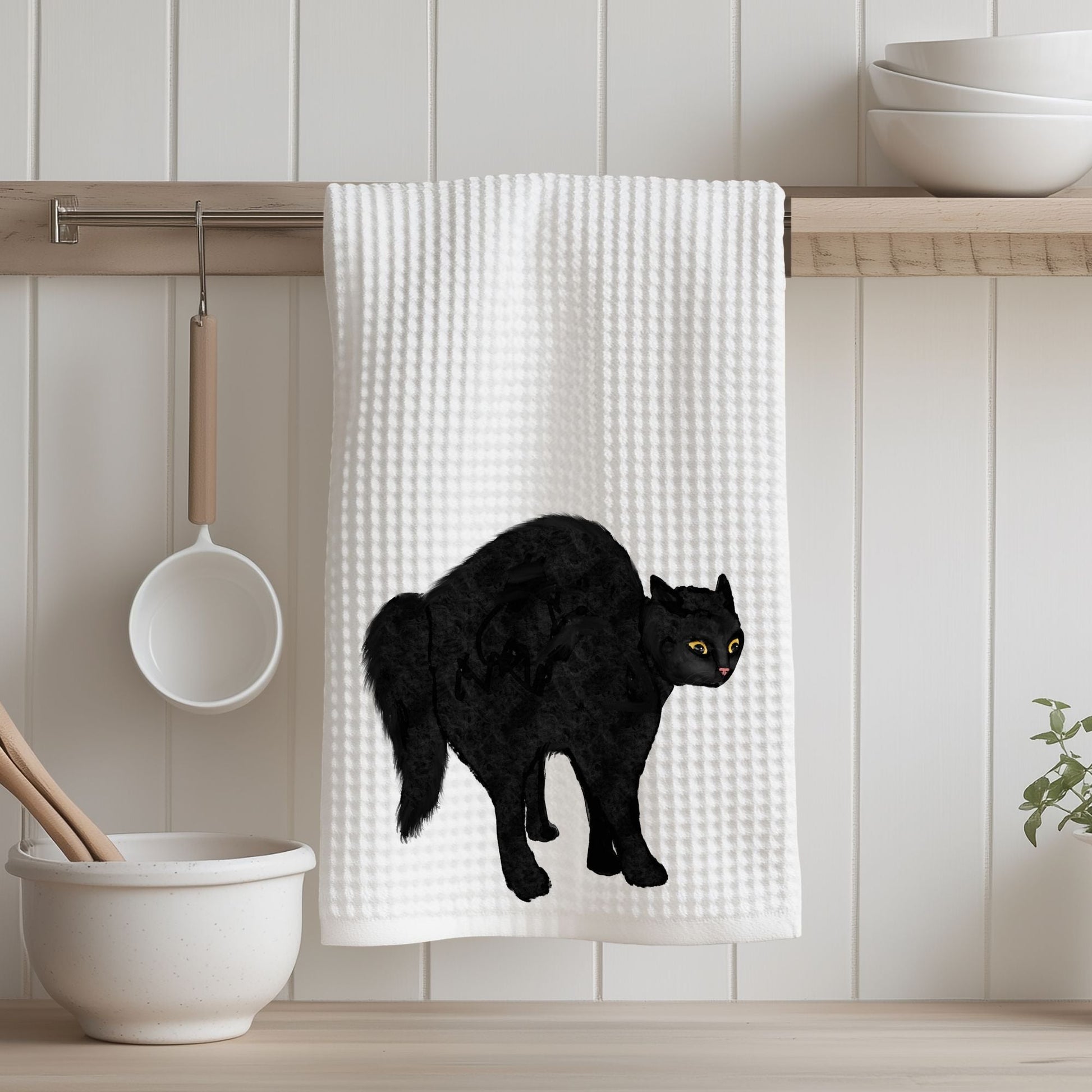Scared Black Cat Waffle Weave Kitchen Towel - MerikaArt