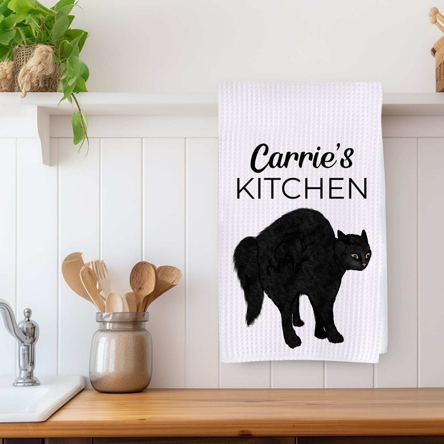 Scared Black Cat Waffle Weave Kitchen Towel - MerikaArt