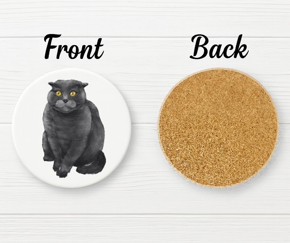 Scottish Fold Black Cat Ceramic Coaster - MerikaArt