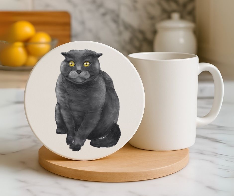 Scottish Fold Black Cat Ceramic Coaster - MerikaArt