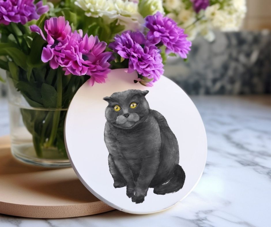 Scottish Fold Black Cat Ceramic Coaster - MerikaArt