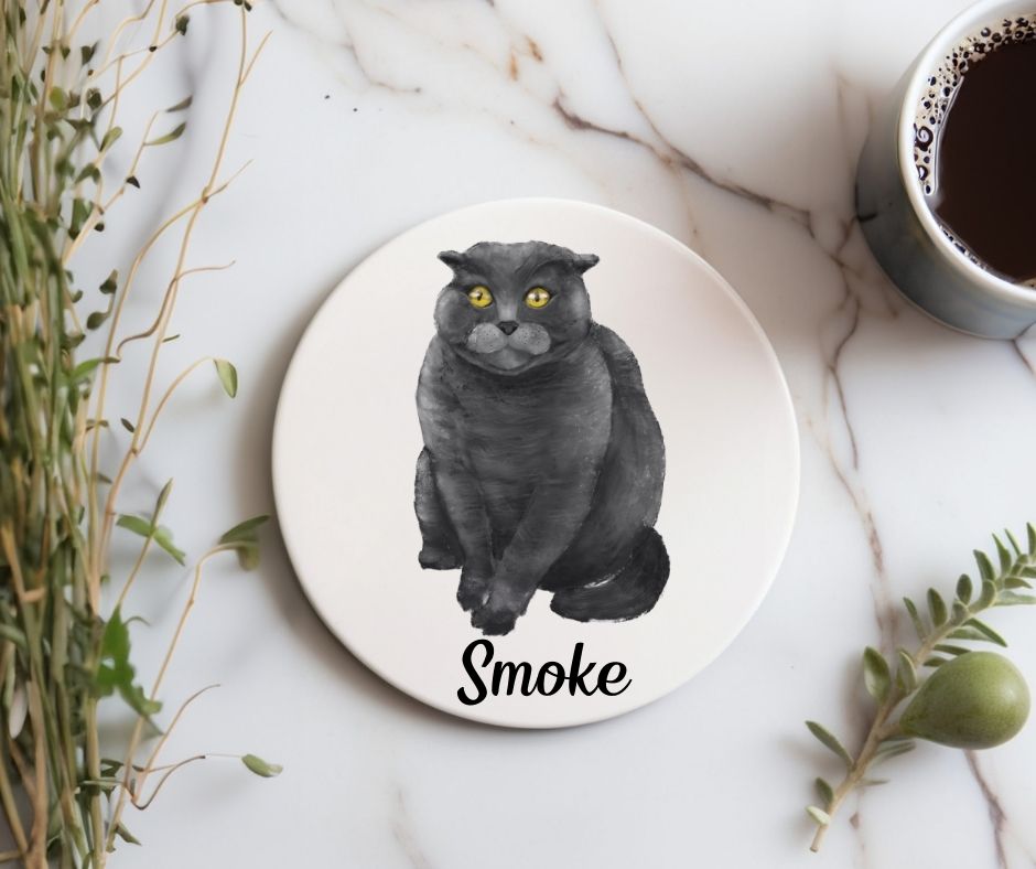 Scottish Fold Black Cat Ceramic Coaster - MerikaArt