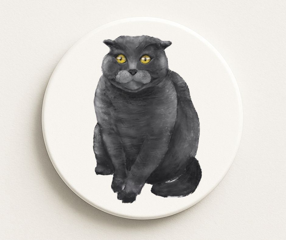 Scottish Fold Black Cat Ceramic Coaster - MerikaArt