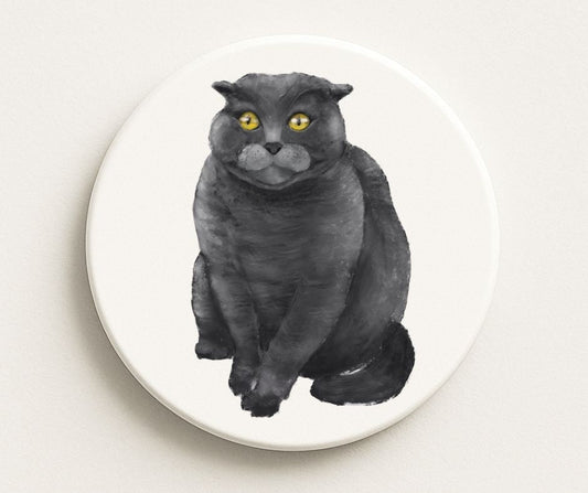 Scottish Fold Black Cat Ceramic Coaster - MerikaArt