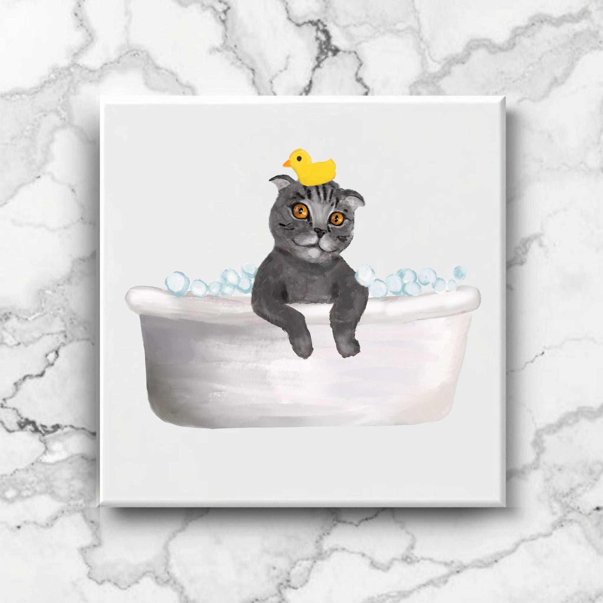 Scottish Fold Cat in Bathtub Ceramic Tile – Handcrafted Whimsical Pet Art Decor - MerikaArt