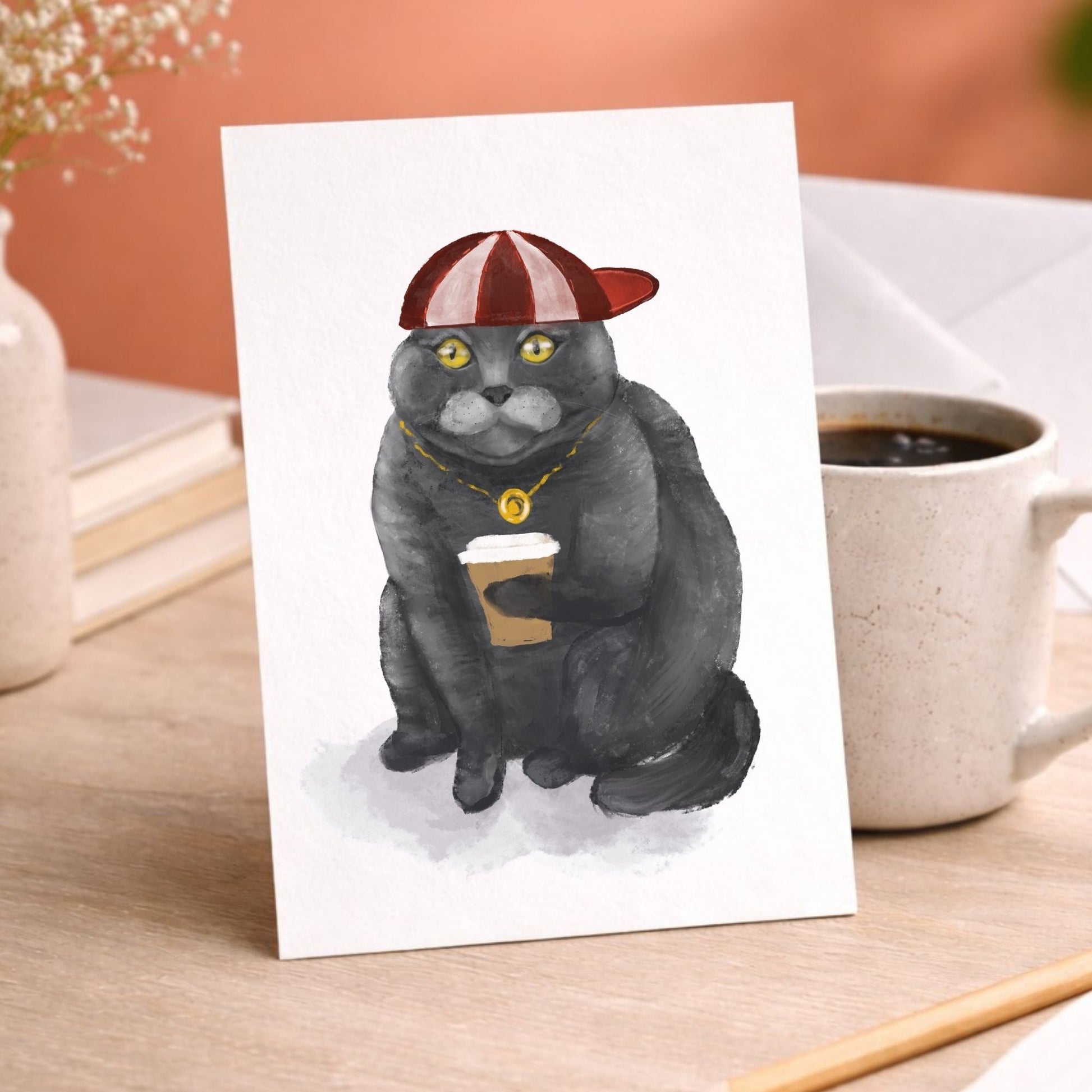 Scottish Fold Cat with Coffee Postcard - MerikaArt