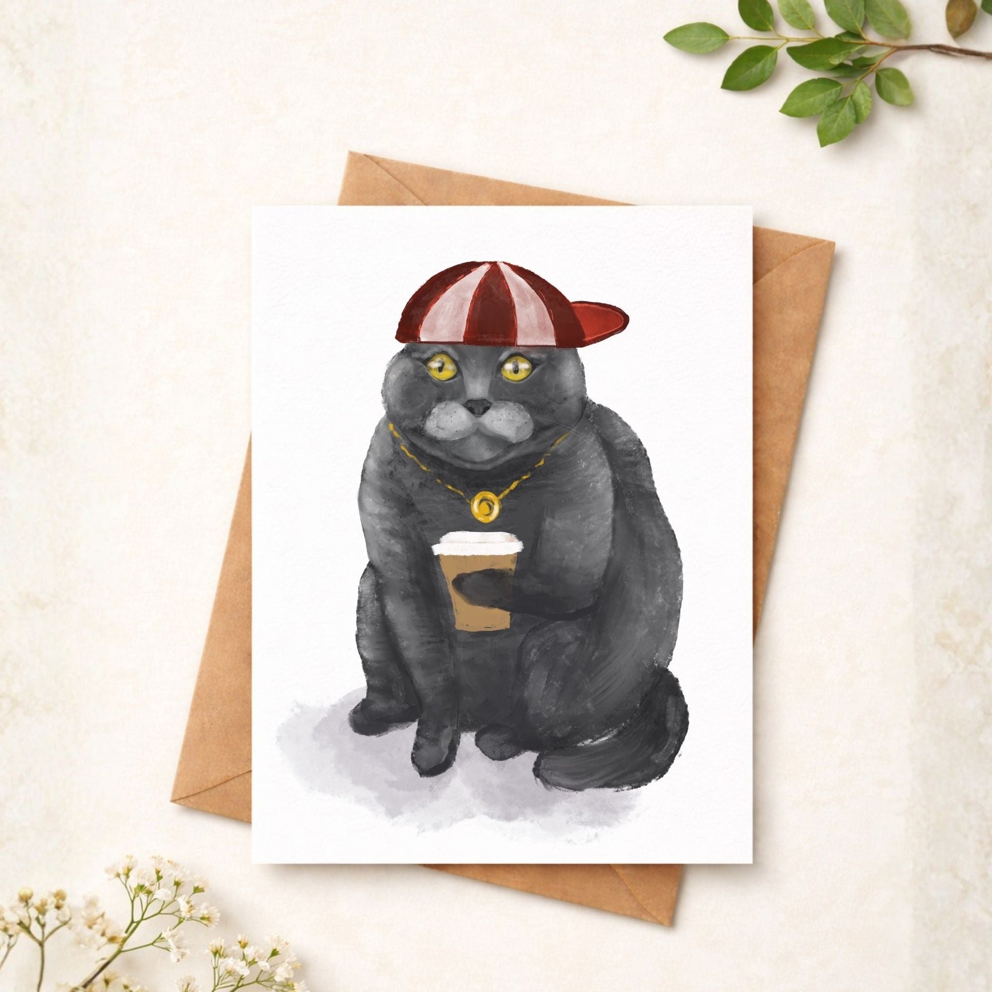 Scottish Fold Cat with Coffee Postcard - MerikaArt