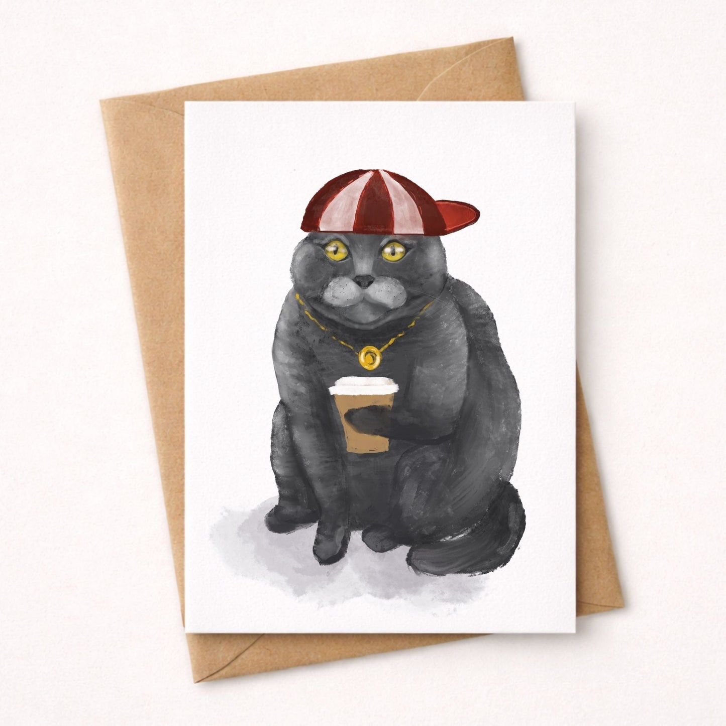 Scottish Fold Cat with Coffee Postcard - MerikaArt