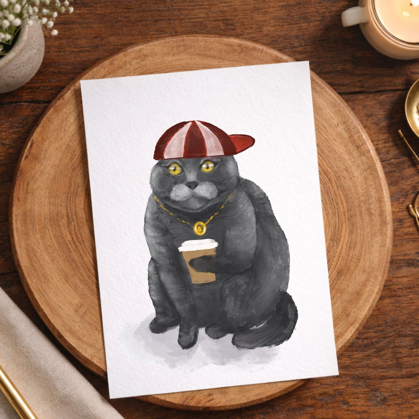 Scottish Fold Cat with Coffee Postcard - MerikaArt