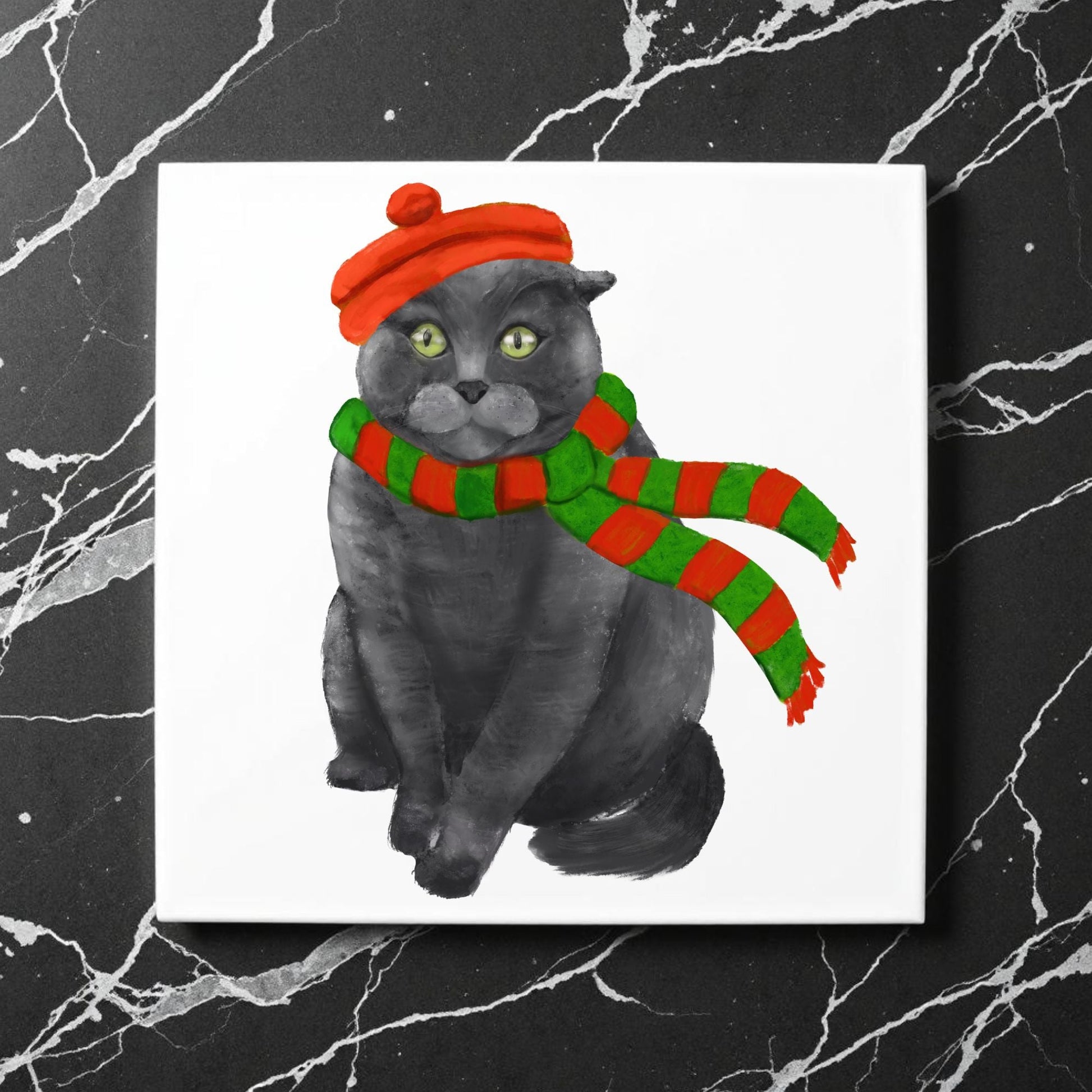 Scottish Fold Christmas Ceramic Tile - MerikaArt