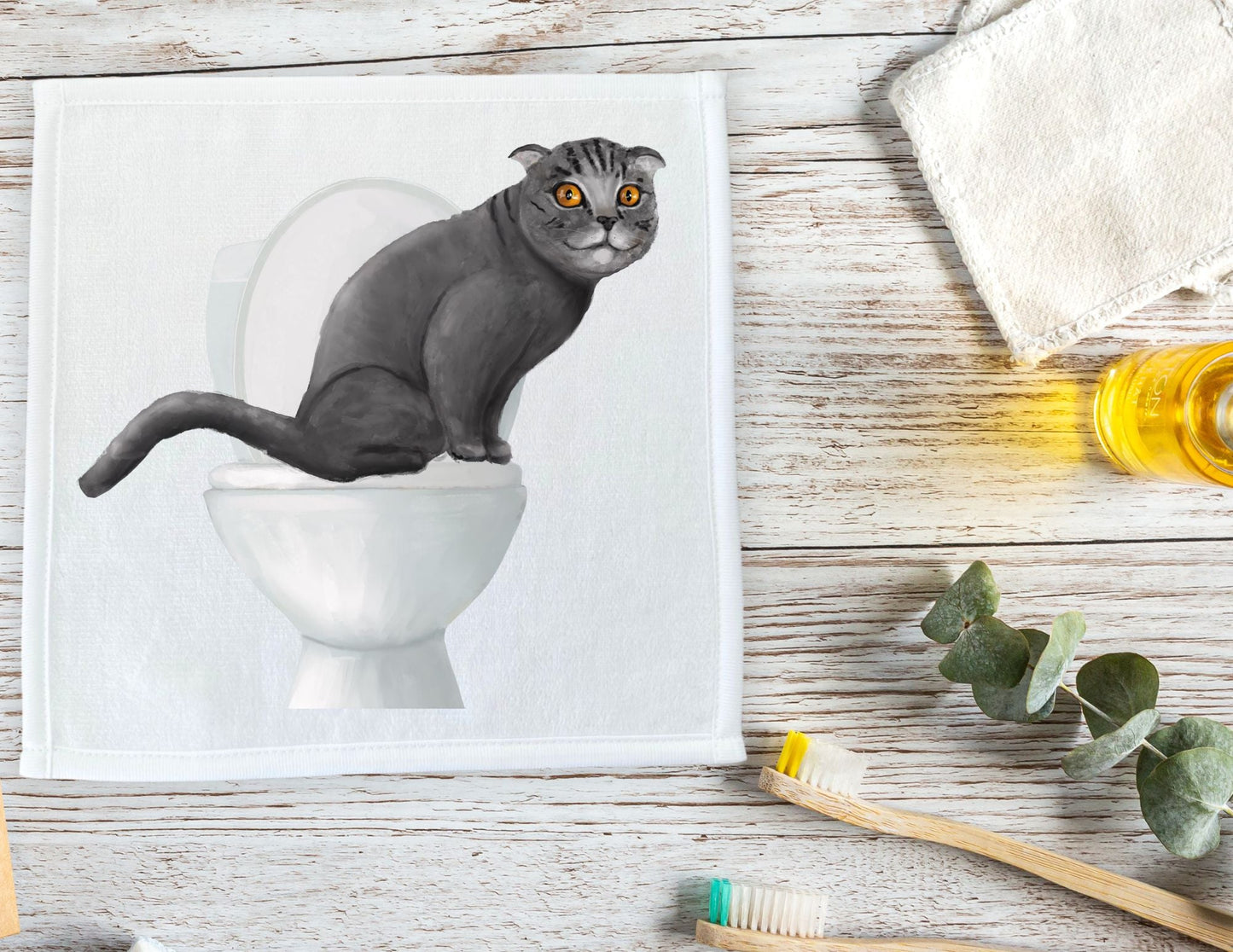 Scottish Fold Toilet Humor Washcloth – A Whimsical Gift for Cat Enthusiasts - MerikaArt