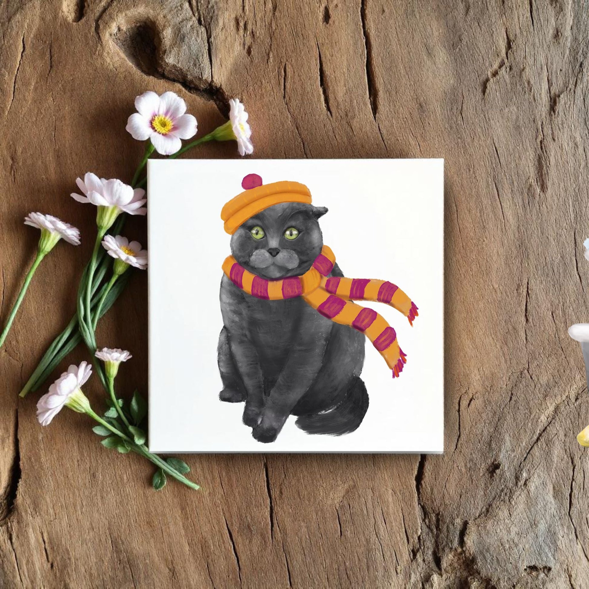 Scottish Fold Winter Cat Ceramic Tile - MerikaArt