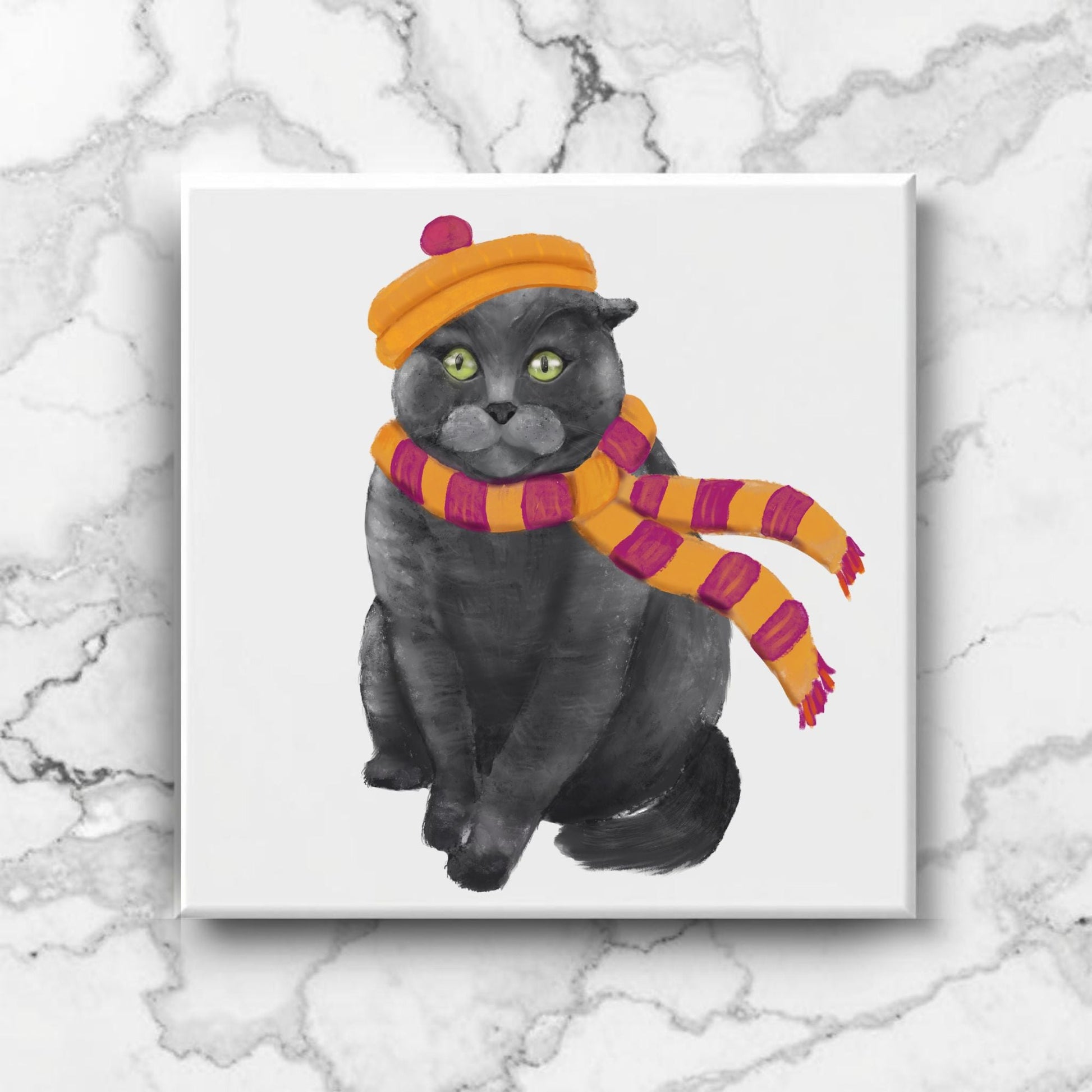 Scottish Fold Winter Cat Ceramic Tile - MerikaArt