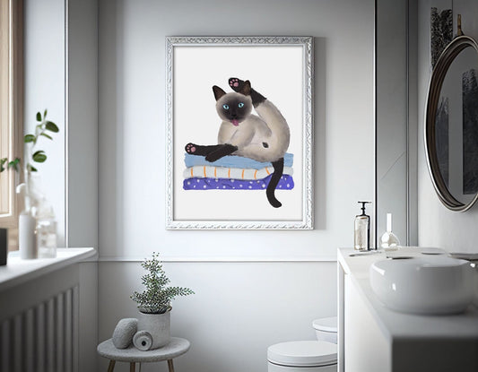 Seal point Siamese Cat on Laundry Print, Funny Siamese Cat on Linens, Laundry Wall Art, Bathroom Cat Illustration, Mom Dad Home Decor - MerikaArt