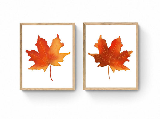 Set of 2 Autumn Leaves Print, Autumn Painting, Fall Decor, Living Room Home Art, Holiday Wall Art, Leaf Illustration, Housewarming Gift - MerikaArt