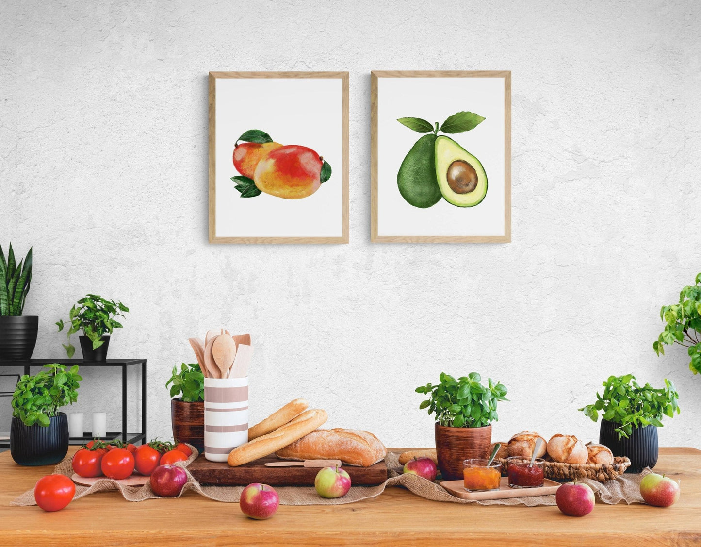 Set of 2 Avocado Mango Art Print, Kitchen Wall Hanging, Dining Room Decor, Veggie Painting, Fruit Illustration, Farmhouse Wall Decor - MerikaArt