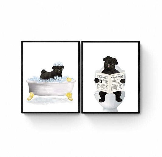 Set of 2 Black Pug In Bath Prints, Dog Sitting on Toilet Print, Bathroom Dog Painting, Dog Reading Newspaper Print, Pug Lover Gift - MerikaArt