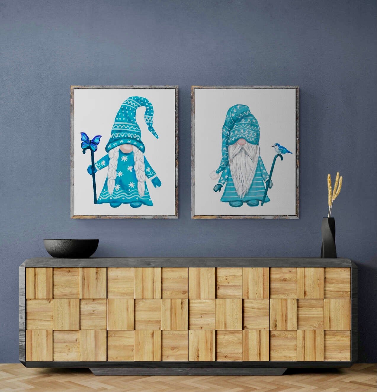 Set of 2 Blue Gnome Print, Scandinavian Christmas Art, Nordic Gnome Gift, New Years Art, Winter Home Decor, Xmas Gnome, Bird Portrait - MerikaArt