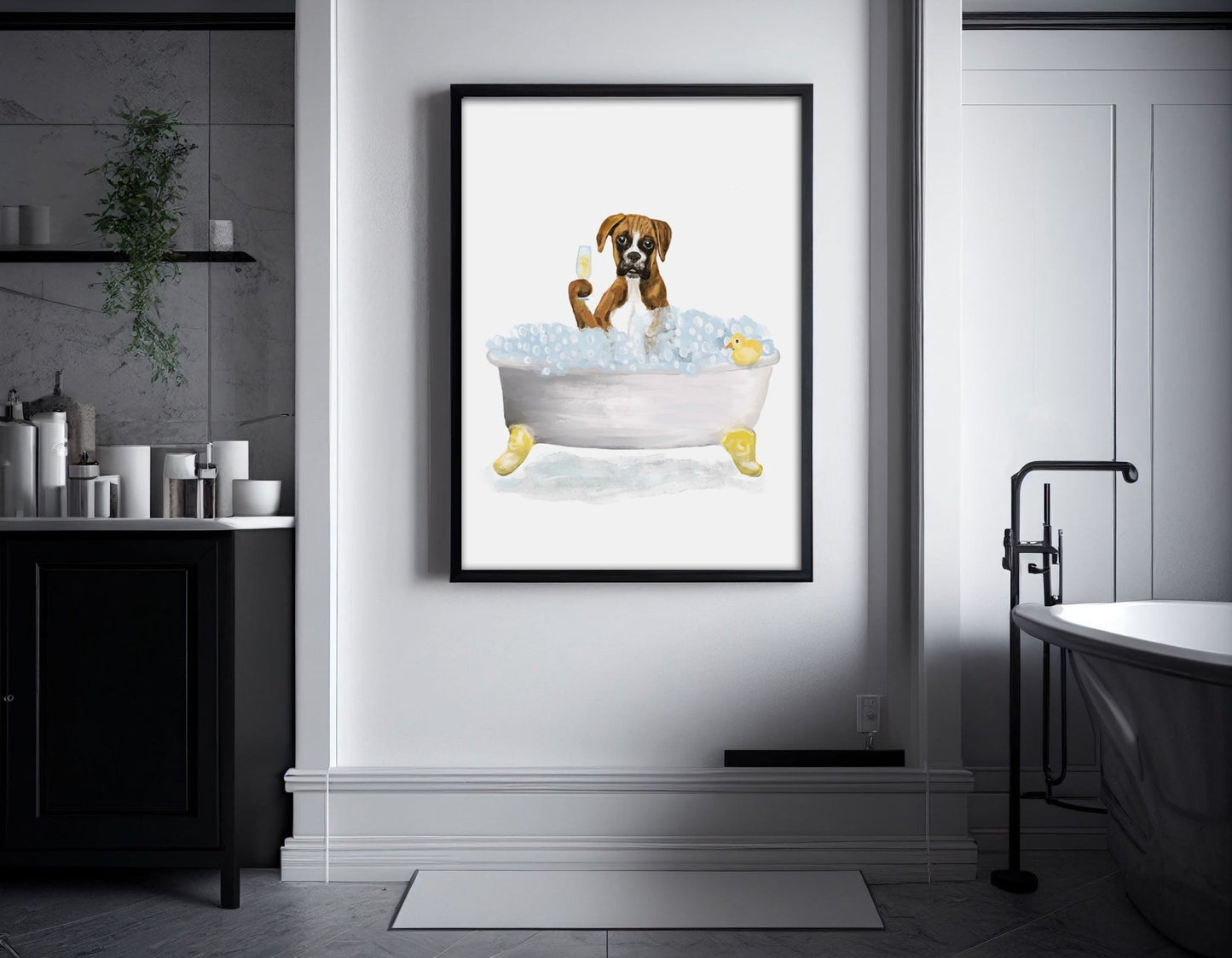 Set of 2 Brown Boxer In Bath Prints, Dog Sitting on Toilet Print, Bathroom Dog Painting, Dog Reading Newspaper Print, Boxer Lover Gift - MerikaArt