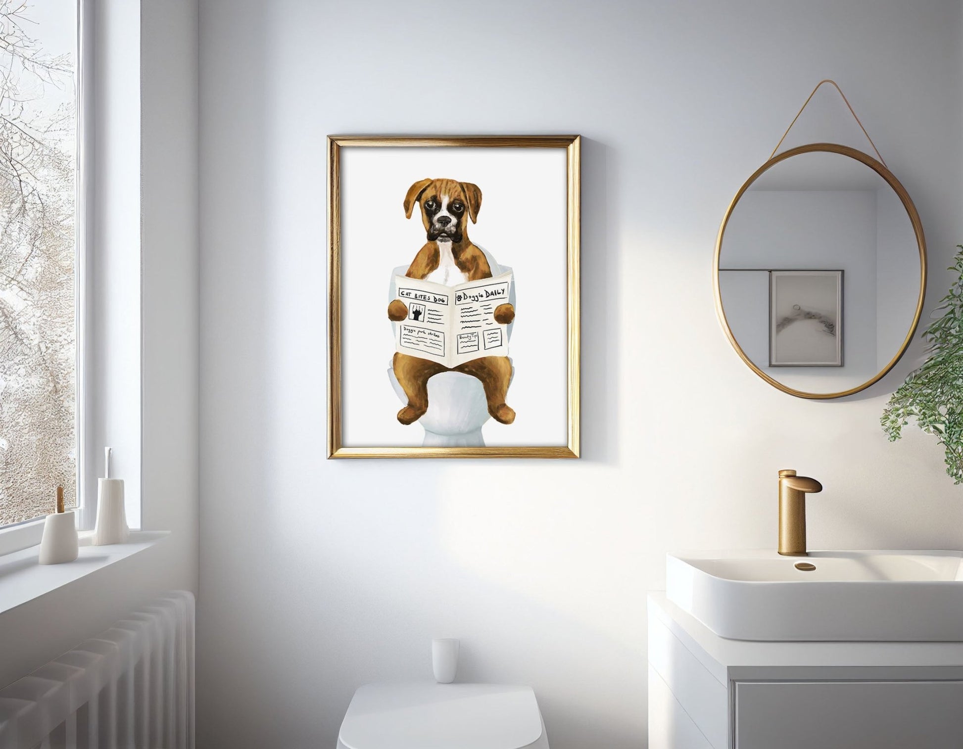 Set of 2 Brown Boxer In Bath Prints, Dog Sitting on Toilet Print, Bathroom Dog Painting, Dog Reading Newspaper Print, Boxer Lover Gift - MerikaArt