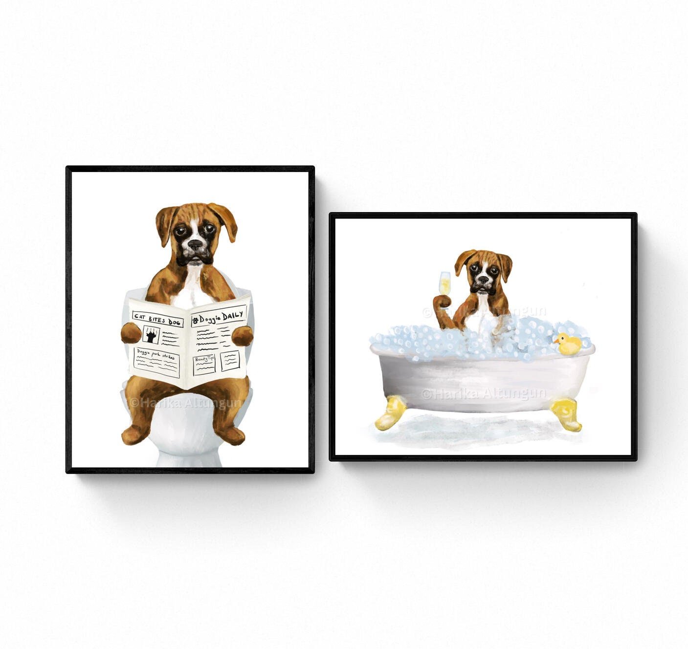 Set of 2 Brown Boxer In Bath Prints, Dog Sitting on Toilet Print, Bathroom Dog Painting, Dog Reading Newspaper Print, Boxer Lover Gift - MerikaArt