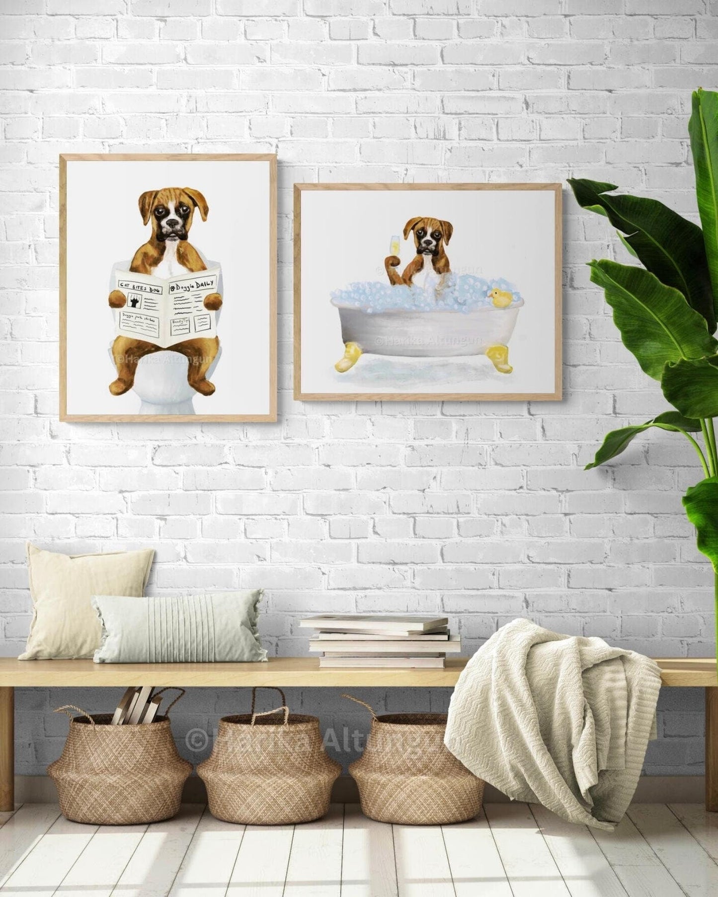 Set of 2 Brown Boxer In Bath Prints, Dog Sitting on Toilet Print, Bathroom Dog Painting, Dog Reading Newspaper Print, Boxer Lover Gift - MerikaArt