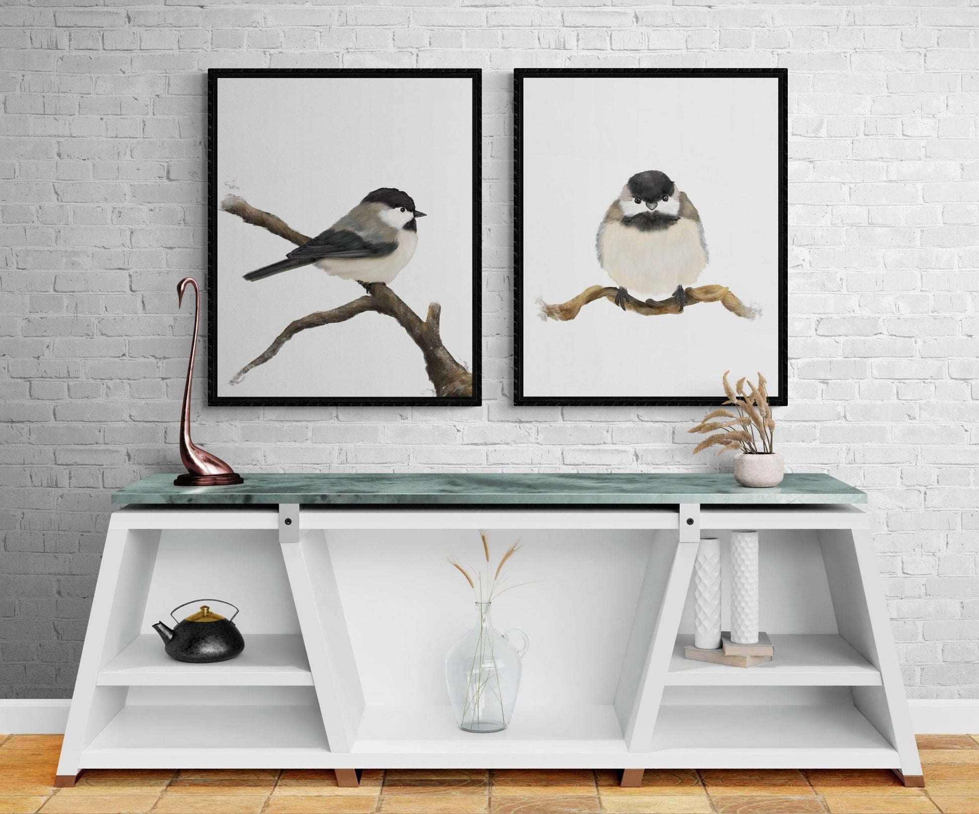 Set of 2 Chickadee Print, Bird Painting, Small Bird Art, Backyard Birds, Bird on Branch, Living Room Wall Art, Bird Watcher Gift, Home Decor - MerikaArt