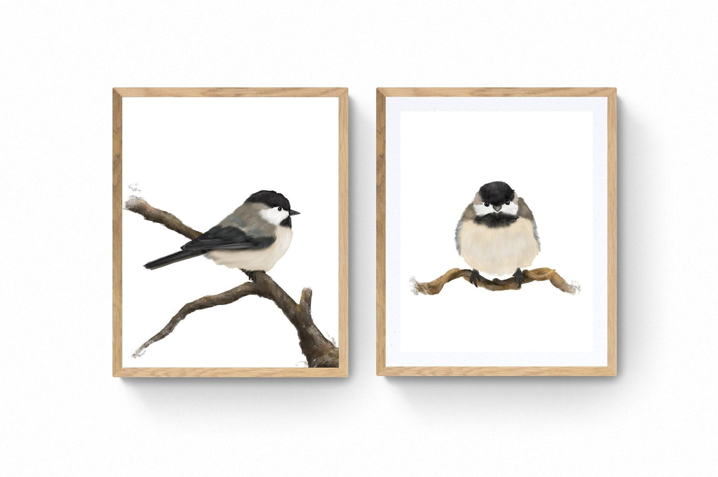 Set of 2 Chickadee Print, Bird Painting, Small Bird Art, Backyard Birds, Bird on Branch, Living Room Wall Art, Bird Watcher Gift, Home Decor - MerikaArt