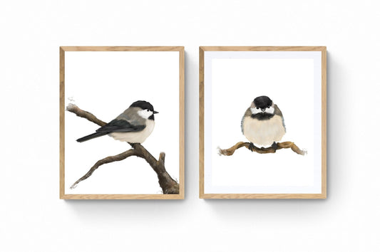 Set of 2 Chickadee Print, Bird Painting, Small Bird Art, Backyard Birds, Bird on Branch, Living Room Wall Art, Bird Watcher Gift, Home Decor - MerikaArt