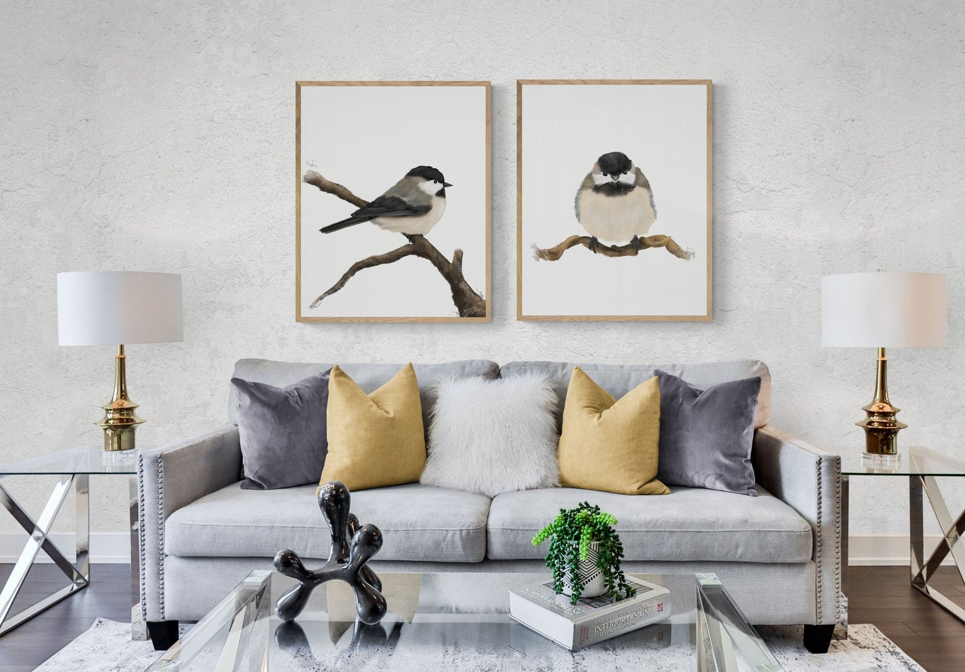 Set of 2 Chickadee Print, Bird Painting, Small Bird Art, Backyard Birds, Bird on Branch, Living Room Wall Art, Bird Watcher Gift, Home Decor - MerikaArt