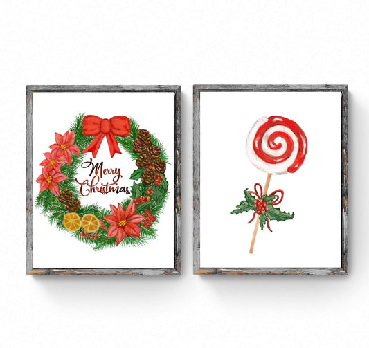 Set of 2 Christmas Prints, Winter Christmas Art, Merry Christmas Wreath and Peppermint Swirl Candy Artwork, New Years Home Decoration - MerikaArt