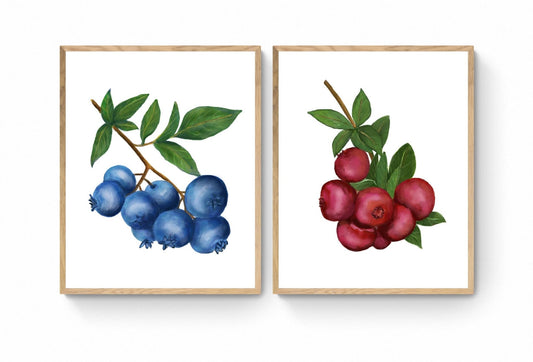 Set of 2 Cranberry Blueberry Art Print, Kitchen Wall Hanging, Dining Room Decor, Berry Painting, Fruit Illustration, Farmhouse Wall Decor - MerikaArt