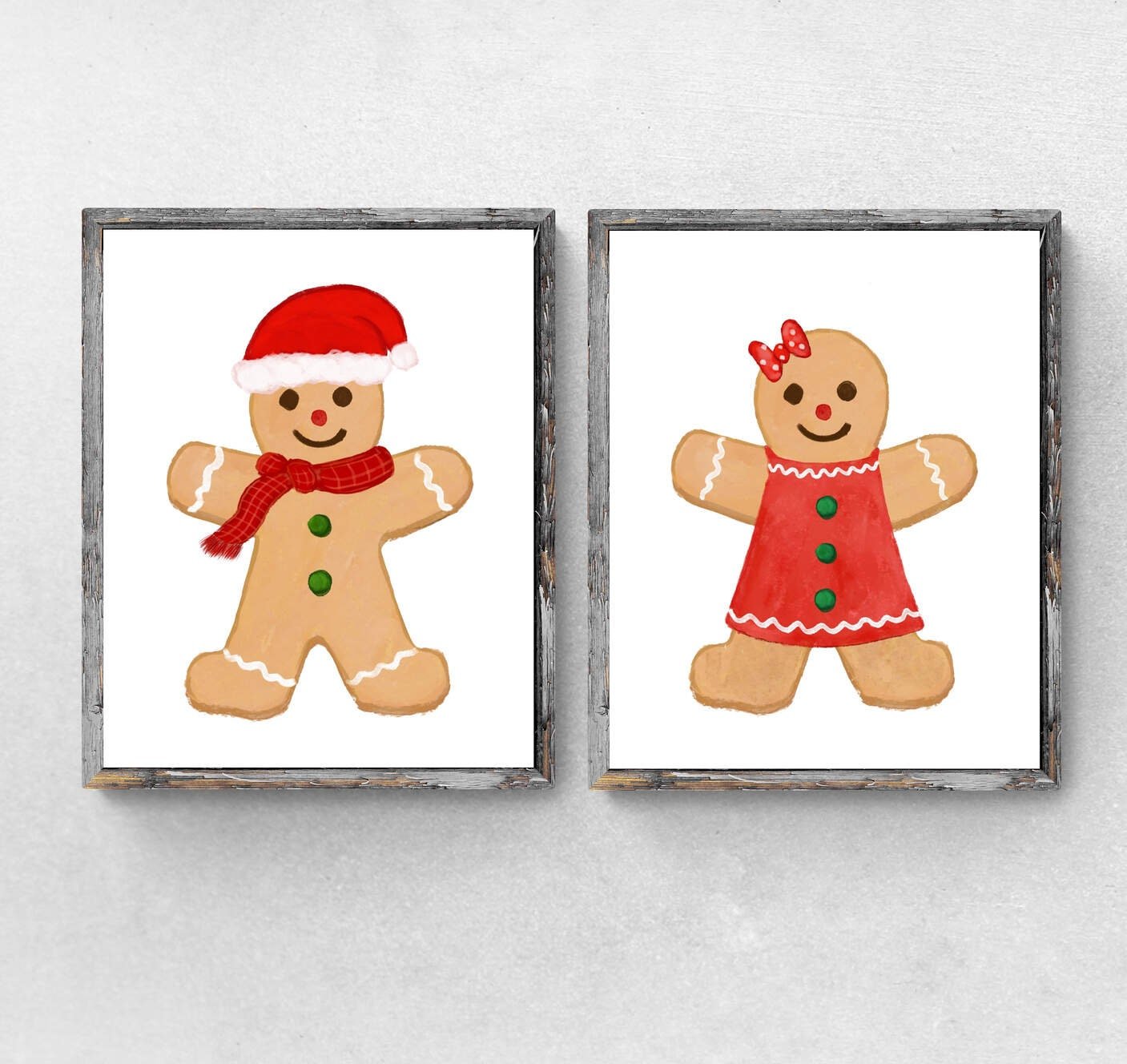 Set of 2 Gingerbread Man Print, Winter Cookie, New Years Gift, Cute Winter Decor, Christmas Gingerbread Man Artwork, Cute Winter Cookie Art - MerikaArt