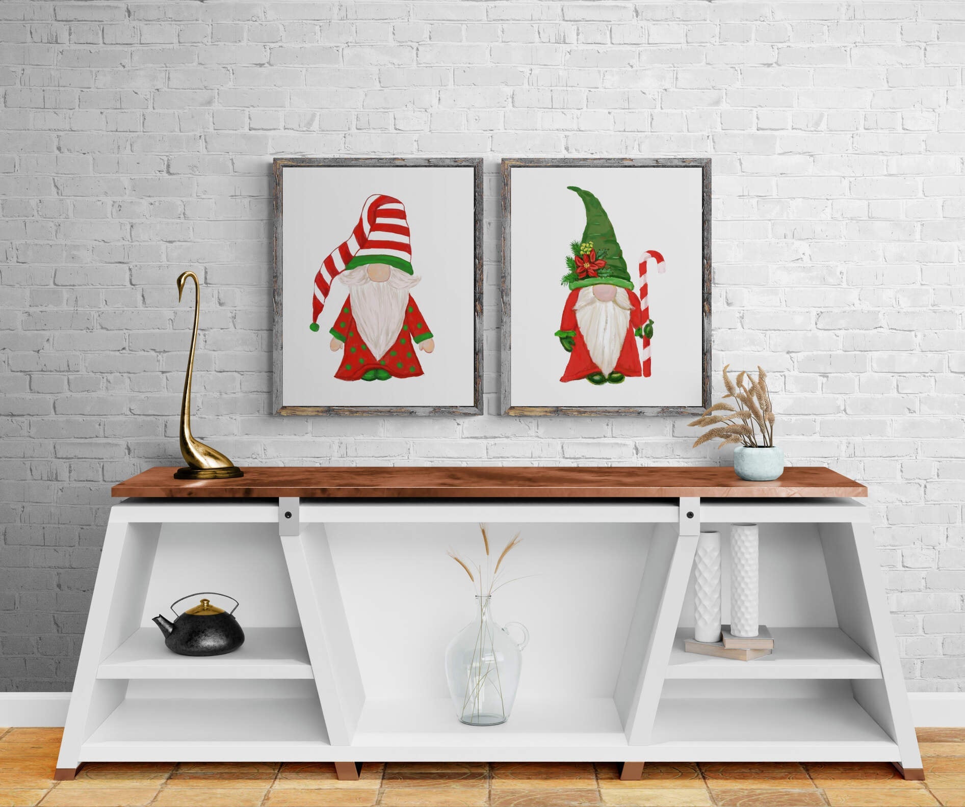 Set of 2 Gnome Prints, Winter Christmas Art, Gnome Gift, New Years Art, Winter Home Decor, Xmas Gnome, Unique Gifts, Red and Green Artwork - MerikaArt